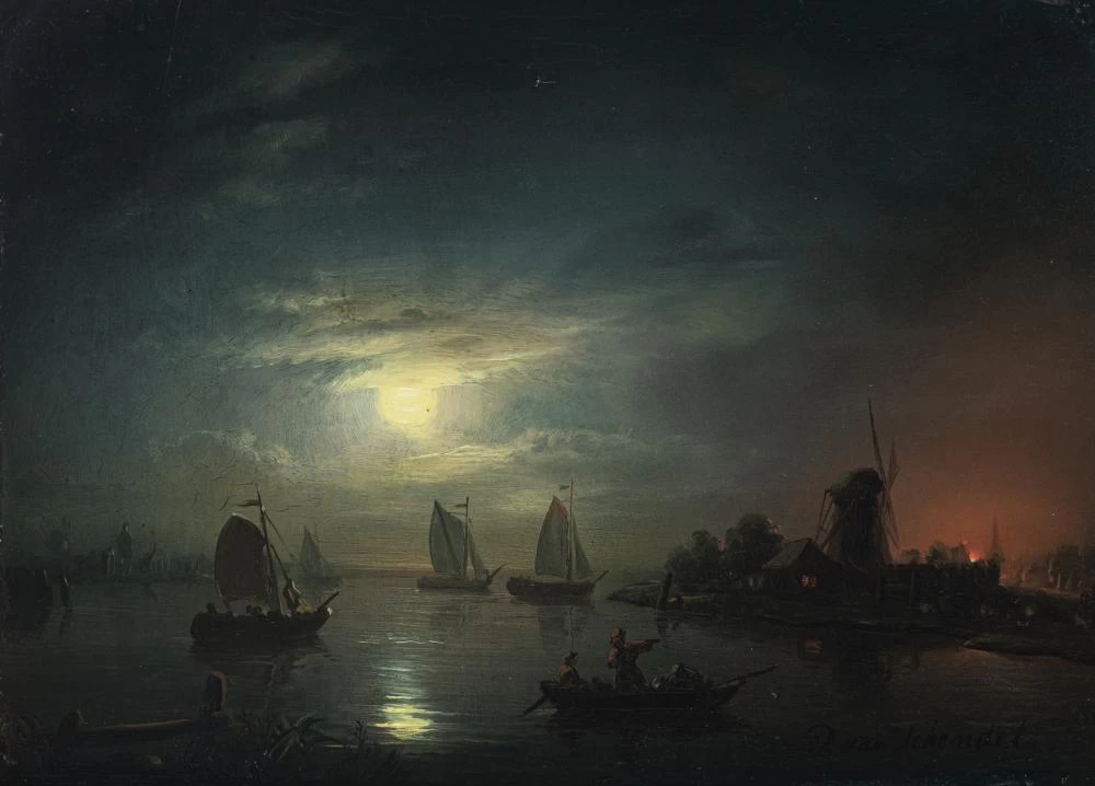 Paesaggio fluviale al chiaro di luna